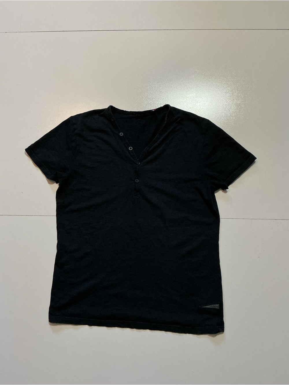 Japan Rags Denim Vintage Black Short Sleeve Button Henley 100% Cotton T-Shirt